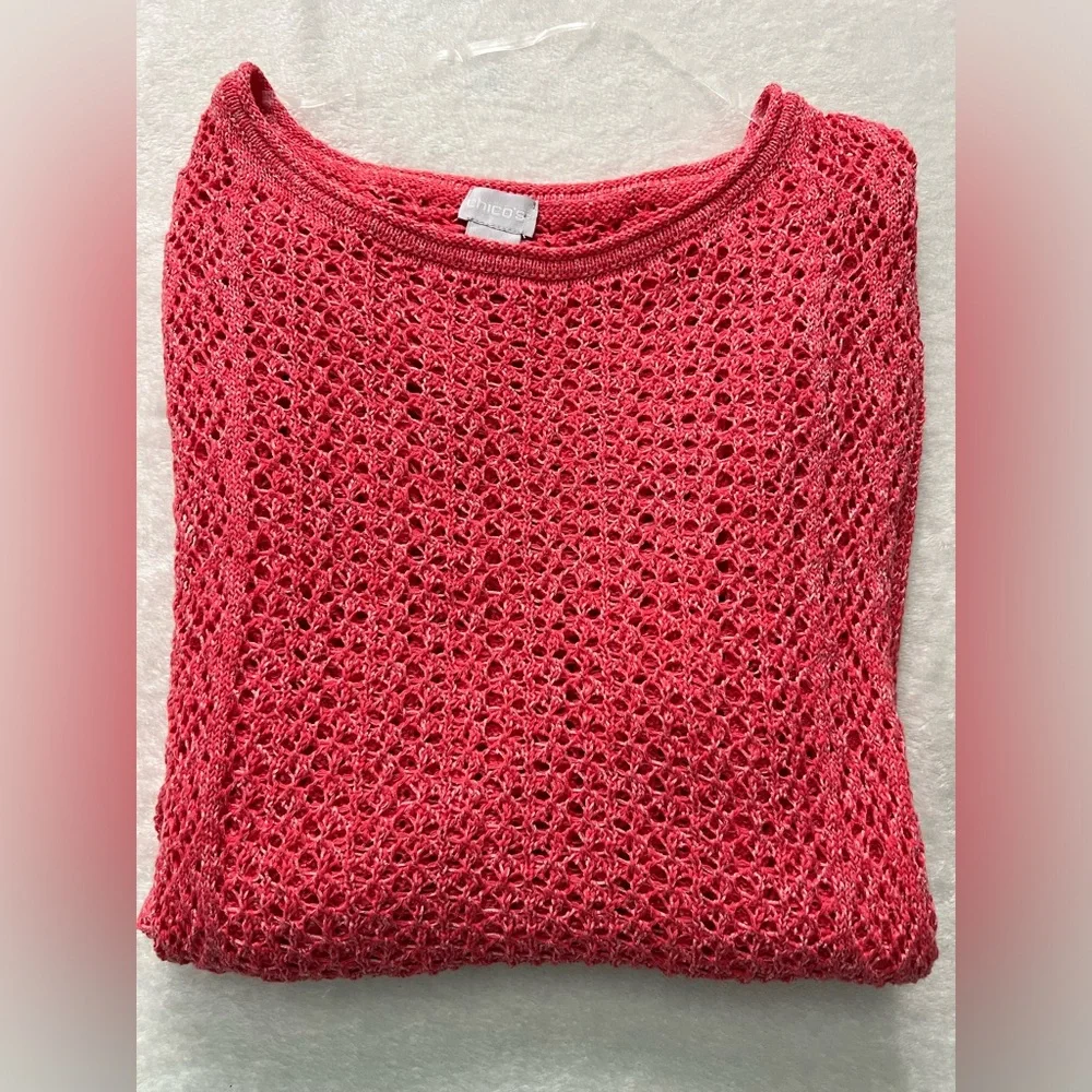 Chico’s Light Lacy Open-Stitch Layering Sweater, Size 2 = L, Size 12